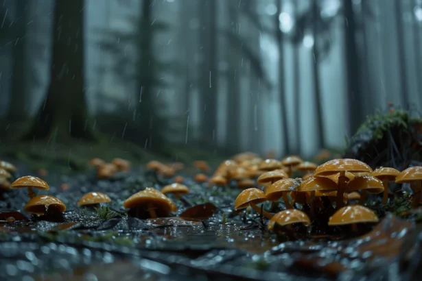 Misty forest with glowing orange mushrooms and falling raindrops in rain.