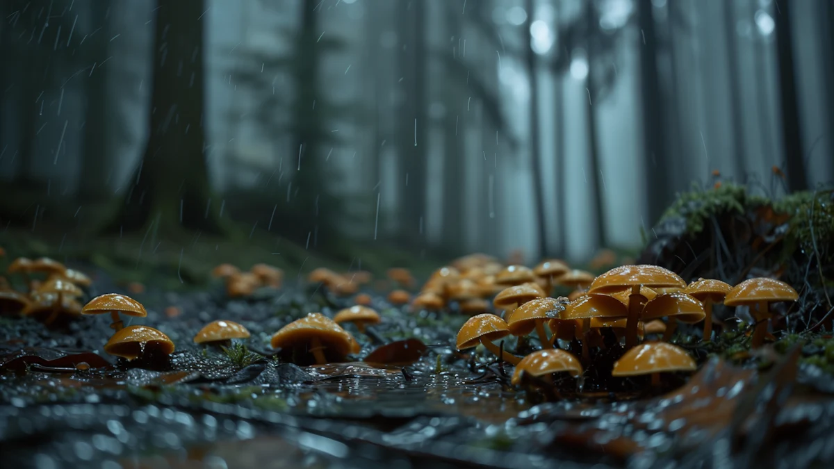 Misty forest with glowing orange mushrooms and falling raindrops in rain.