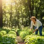 Farmer tending crops under tall, sunlit green trees in a lush forest.