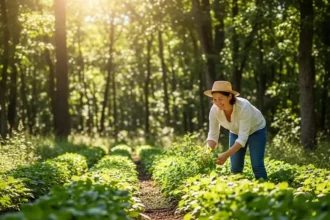 Farmer tending crops under tall, sunlit green trees in a lush forest.