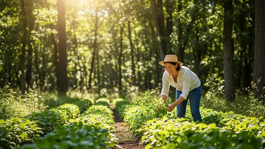Farmer tending crops under tall, sunlit green trees in a lush forest.