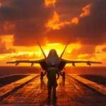 Fighter jet on aircraft carrier deck at sunset with vibrant orange sky.
