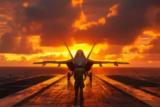 Fighter jet on aircraft carrier deck at sunset with vibrant orange sky.