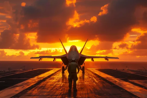 Fighter jet on aircraft carrier deck at sunset with vibrant orange sky.