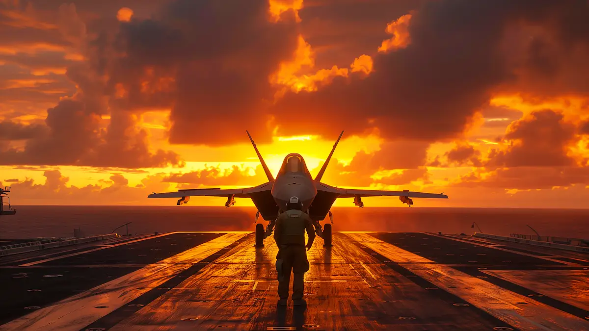 Fighter jet on aircraft carrier deck at sunset with vibrant orange sky.