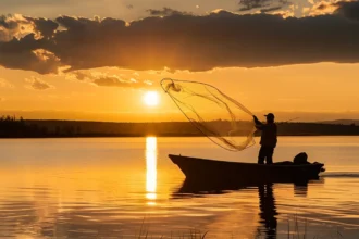 Fisherman casting a net on a tranquil lake during sunset with reeds nearby.