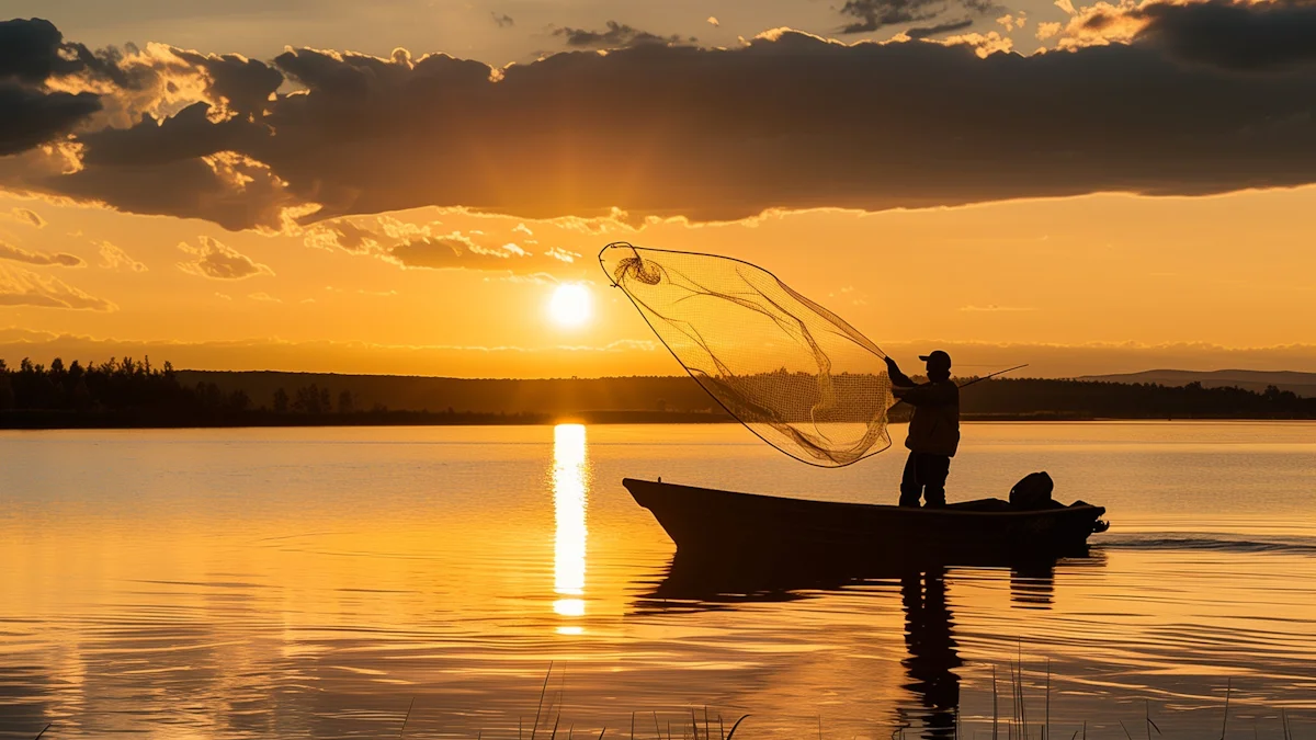 Fisherman casting a net on a tranquil lake during sunset with reeds nearby.