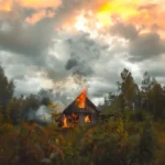 Burning wooden cabin in a forest with flames and fiery sky at sunset.