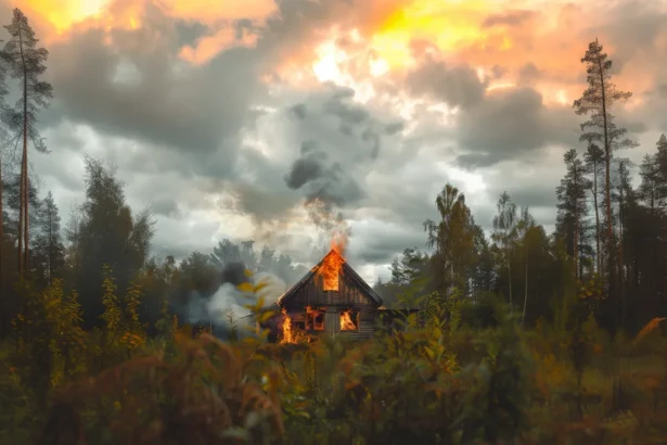 Burning wooden cabin in a forest with flames and fiery sky at sunset.