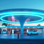 Electric car charging station with neon lights at dusk, showcasing modern eco-friendly design.