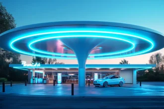 Electric car charging station with neon lights at dusk, showcasing modern eco-friendly design.