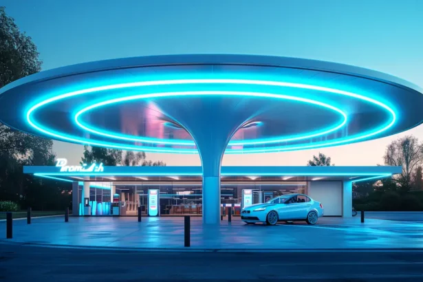 Electric car charging station with neon lights at dusk, showcasing modern eco-friendly design.