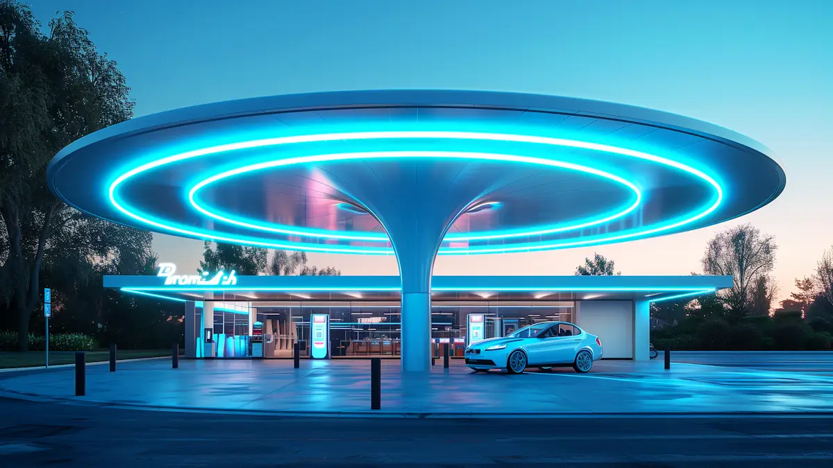 Electric car charging station with neon lights at dusk, showcasing modern eco-friendly design.