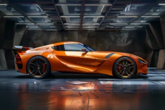 Futuristic orange sports car with sleek design and rear spoiler in garage.