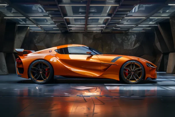 Futuristic orange sports car with sleek design and rear spoiler in garage.