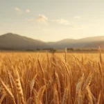 Golden wheat field at sunset with hills in background