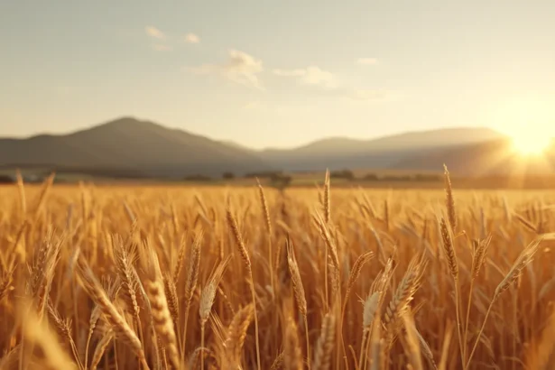 Golden wheat field at sunset with hills in background