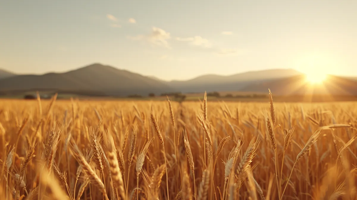 Golden wheat field at sunset with hills in background