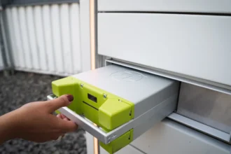 Colorful illustration of a green-and-white EV battery.