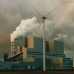 Factory with tall chimneys releasing smoke into the sky