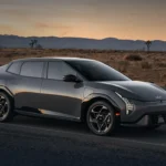 Kia EV4 electric car with US flag, highlighting import and tax challenges.