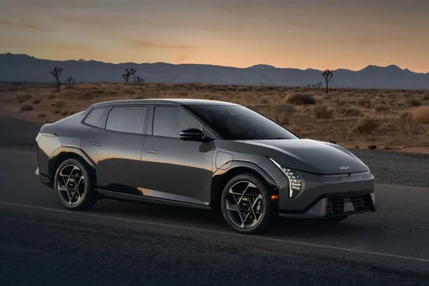 Kia EV4 electric car with US flag, highlighting import and tax challenges.