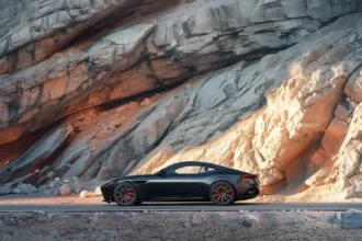 Black sports car against rocky cliff during sunset highlighting luxury and adventure.