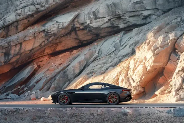 Black sports car against rocky cliff during sunset highlighting luxury and adventure.