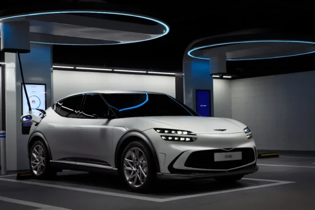 White sports car charging at a modern EV station, eco-friendly transportation