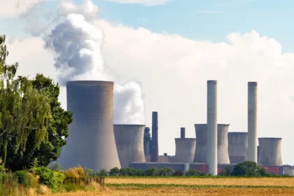Nuclear power plant with pollution-emitting chimneys