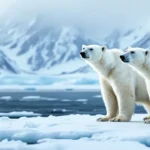 Two polar bears on Arctic ice with snowy mountains in background.
