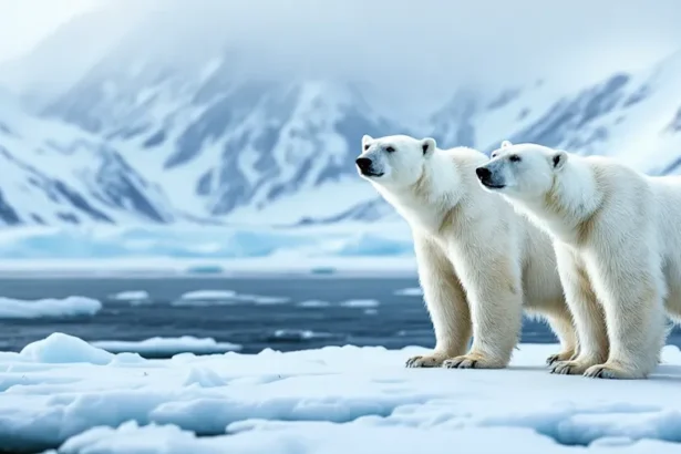 Two polar bears on Arctic ice with snowy mountains in background.