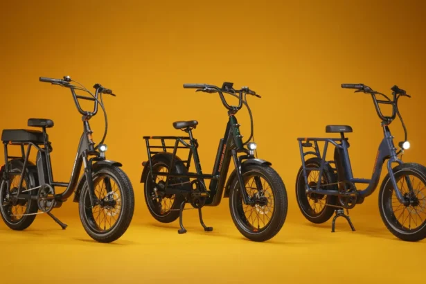 Electric RadRunner Max bike with radar detection and high-speed capabilities in urban setting.