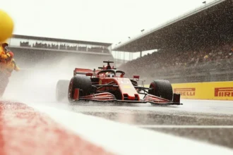 Red F1 car racing on wet track with water spray and spectators in rain