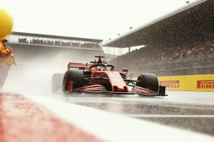 Red F1 car racing on wet track with water spray and spectators in rain
