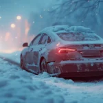 Red electric car charging in snow-covered winter forest at night with glowing lights.