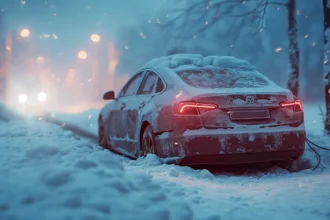 Red electric car charging in snow-covered winter forest at night with glowing lights.