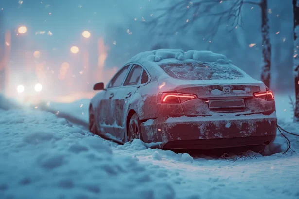 Red electric car charging in snow-covered winter forest at night with glowing lights.