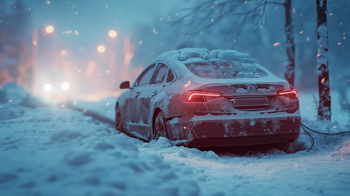 Red electric car charging in snow-covered winter forest at night with glowing lights.
