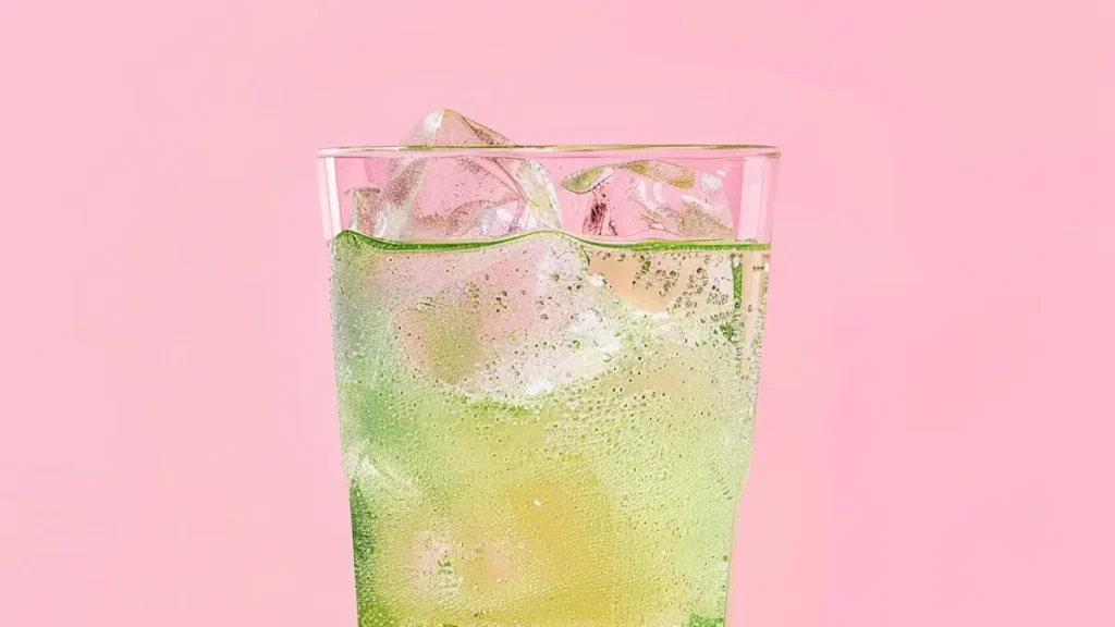 Green fizzy drink in a tall glass with ice on pink background.