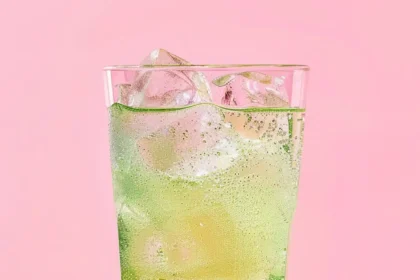 Green fizzy drink in a tall glass with ice on pink background.