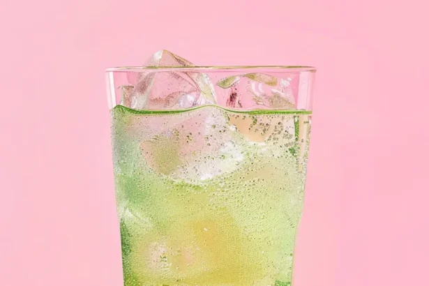 Green fizzy drink in a tall glass with ice on pink background.