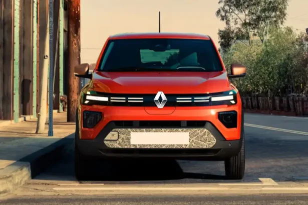 Front left side view of Renault Kwid EV electric car.