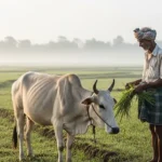 Farmer tending cattle in green fields with misty rice paddies at sunrise