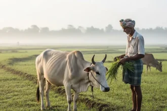 Farmer tending cattle in green fields with misty rice paddies at sunrise