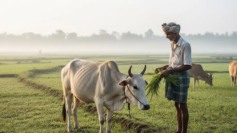 Farmer tending cattle in green fields with misty rice paddies at sunrise