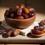 Rustic wooden bowl with glossy dates and a wooden spoon on a wooden surface.