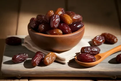 Rustic wooden bowl with glossy dates and a wooden spoon on a wooden surface.