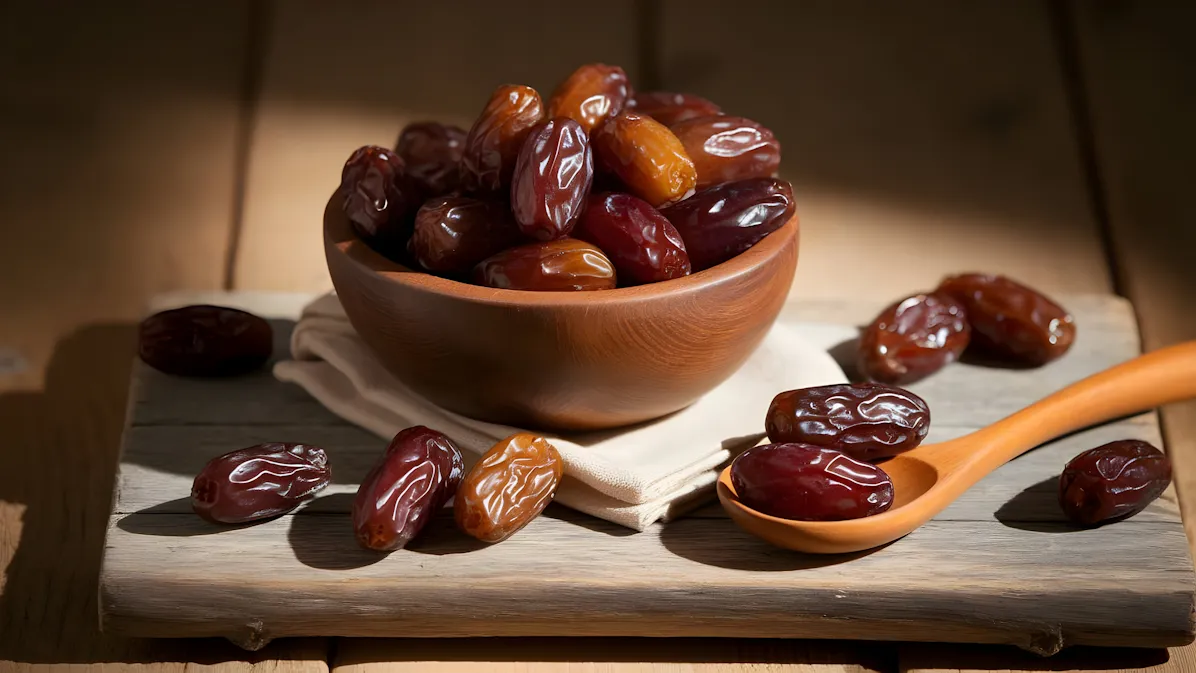 Rustic wooden bowl with glossy dates and a wooden spoon on a wooden surface.
