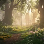 Sunlit forest path with trees and wildflowers